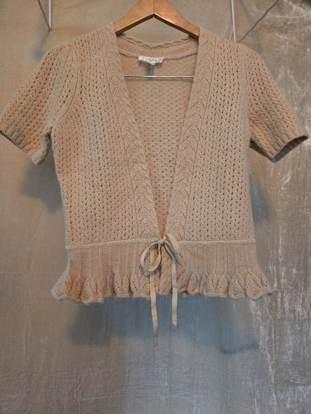 LOFT Lambswool Angora Knit Cardigan – Beige Short Sleeve Tie Front Sweater - S